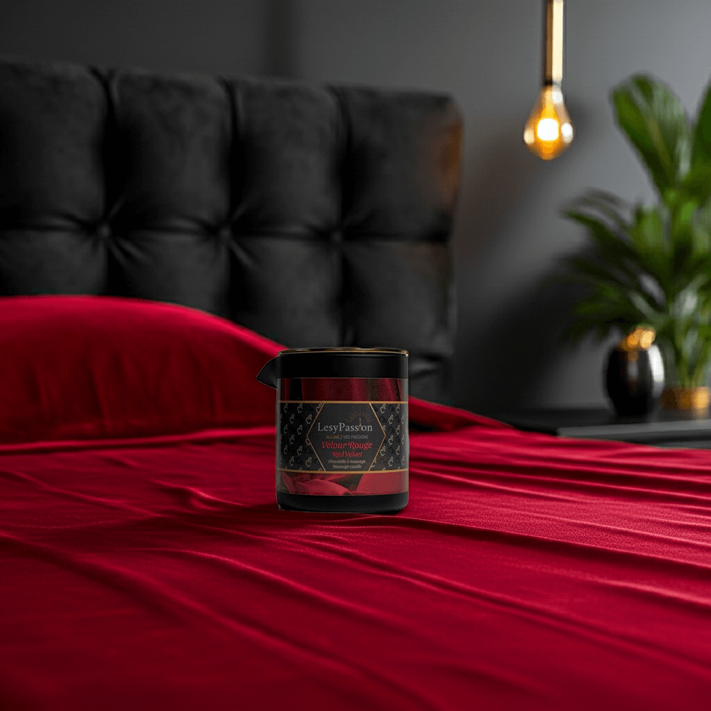 Velour rouge bougie parfumée sur un lit en velours rouge, créant une ambiance romantique et intime.