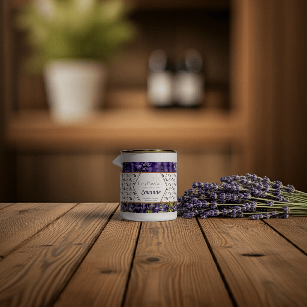 Chandelle à massage Lavande présentée sur une table en bois, avec des fleurs de lavande à côté.