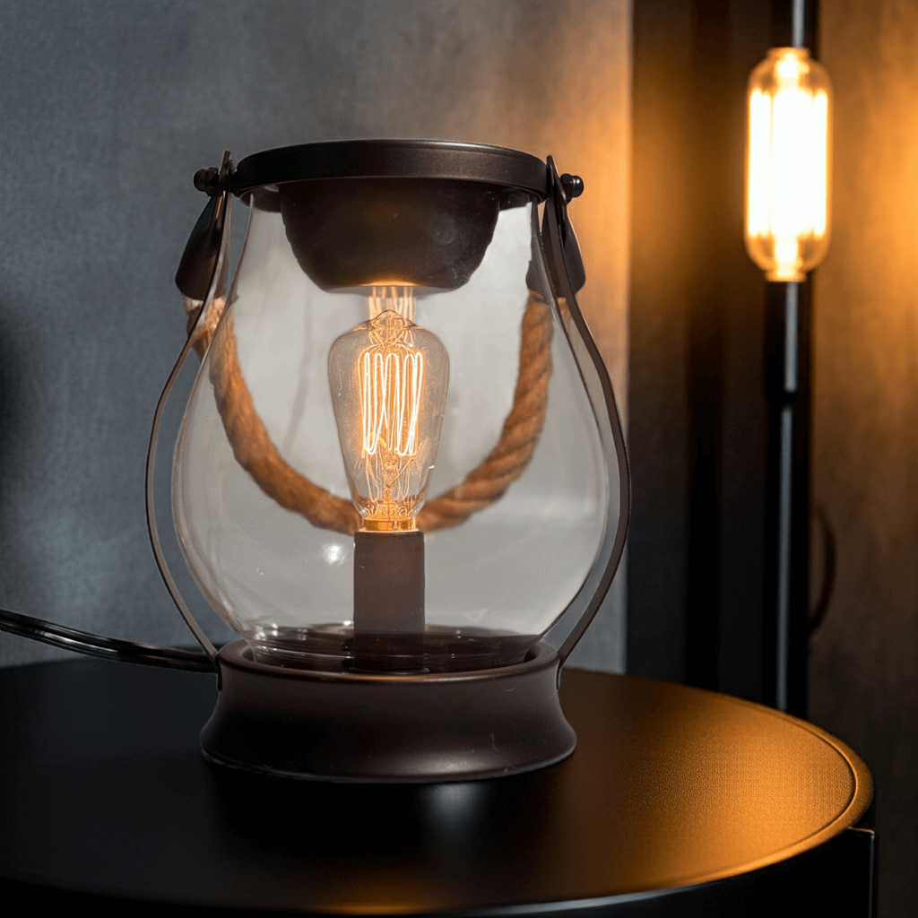 La lampe à l’huile avec ampoule Edison dans un décor vintage élégante et rustique.