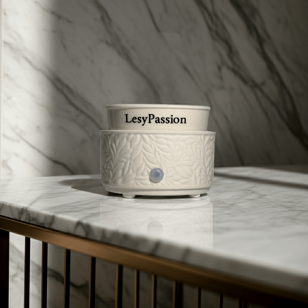 Diffuseur élégant Le douillet sur une table en marbre, ajoutant une touche de fraîcheur à l'intérieur.