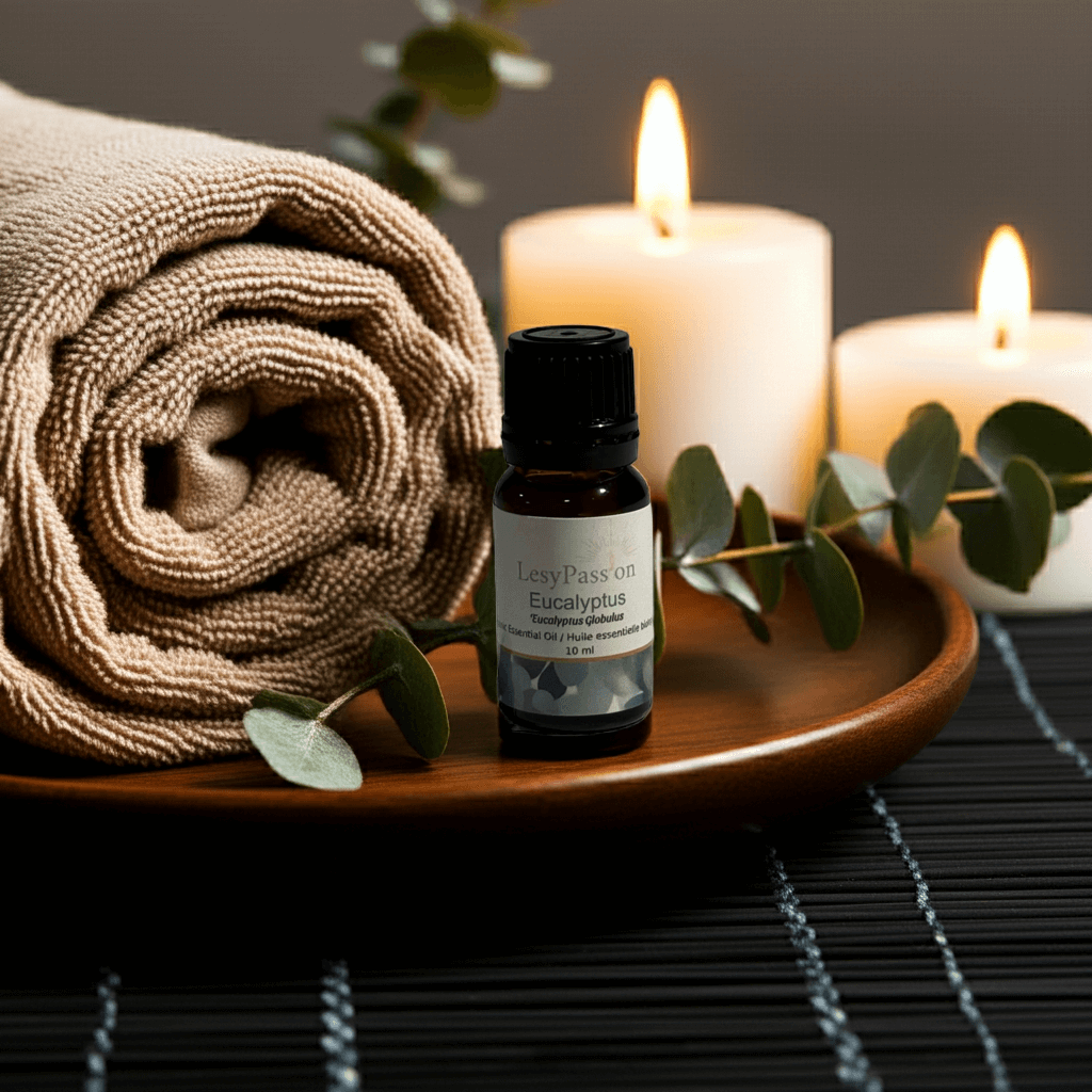 Huile essentielle Eucalyptus dans un cadre apaisant avec des bougies et une serviette.