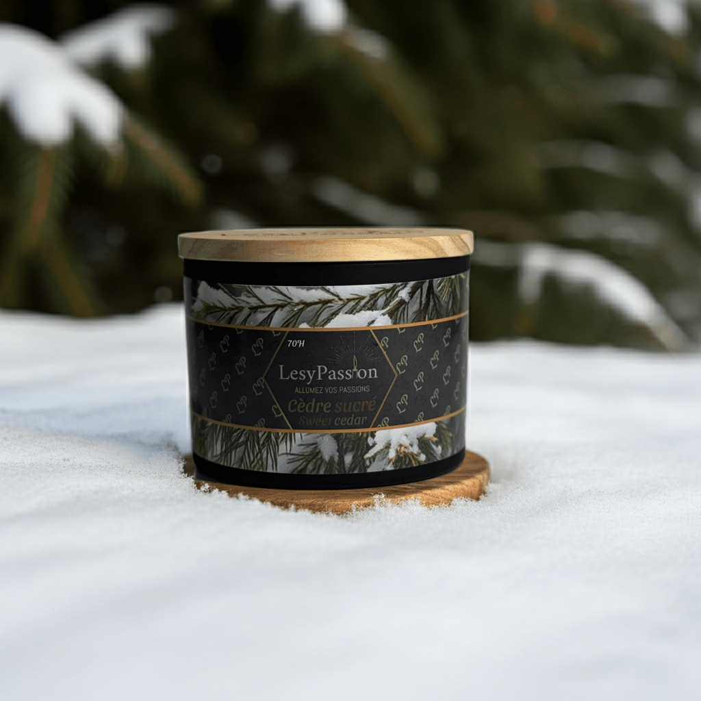 Bougie LesyPassion 15oz au Cèdre sucré posée sur la neige, avec un couvercle en bois, entourée de sapins.