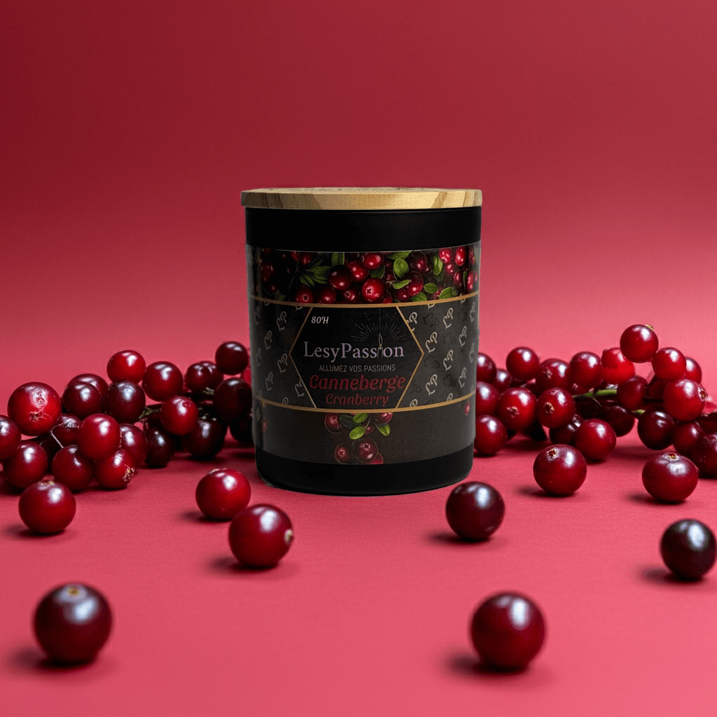 Chandelle 12oz en cire de soja Canneberge, délicate et parfumée, entourée de canneberges sur fond rose.
