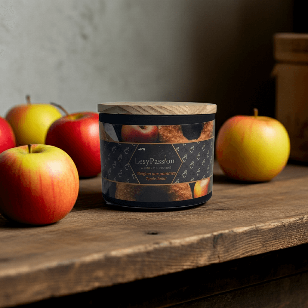 Beignet aux pommes, bougie parfumée 15oz sur une table en bois avec des pommes fraîches.