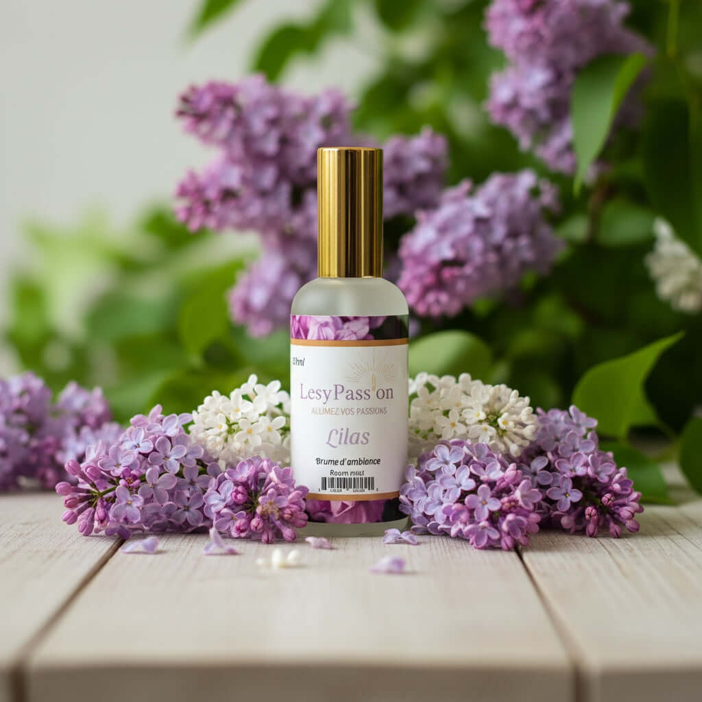 Brume d'ambiance Lilas entourée de fleurs de lilas, parfum léger pour une ambiance relaxante.
