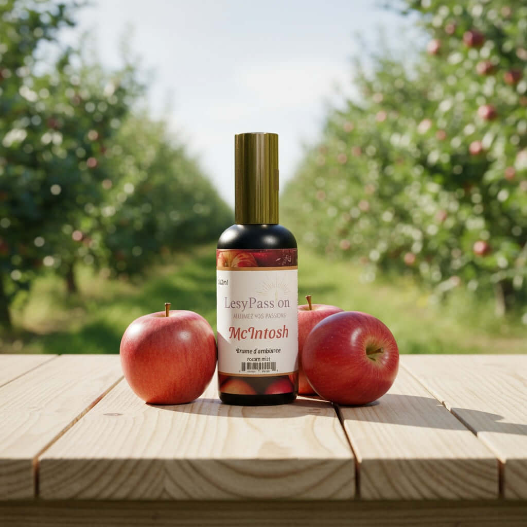 Brume d'ambiance McIntosh et pommes fraîches sur une table en bois au verger.