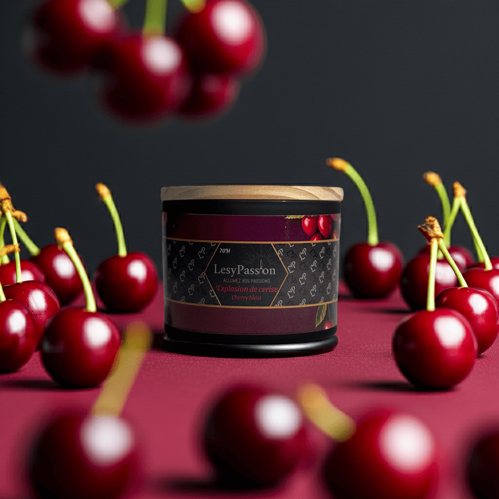 Bougie de 15oz à l'Explosion de cerise de LesyPassion entourée de cerises fraîches sur fond sombre.